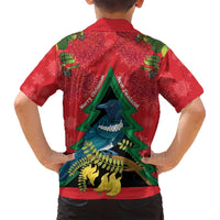 New Zealand Christmas In July Family Matching Off Shoulder Short Dress and Hawaiian Shirt Kowhai Tui Bird With Pohutukawa - Red LT14 - Polynesian Pride