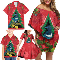 New Zealand Christmas In July Family Matching Off Shoulder Short Dress and Hawaiian Shirt Kowhai Tui Bird With Pohutukawa - Red LT14 - Polynesian Pride