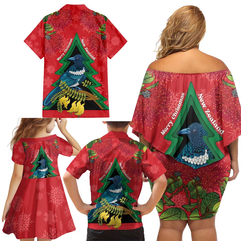 New Zealand Christmas In July Family Matching Off Shoulder Short Dress and Hawaiian Shirt Kowhai Tui Bird With Pohutukawa - Red LT14 - Polynesian Pride