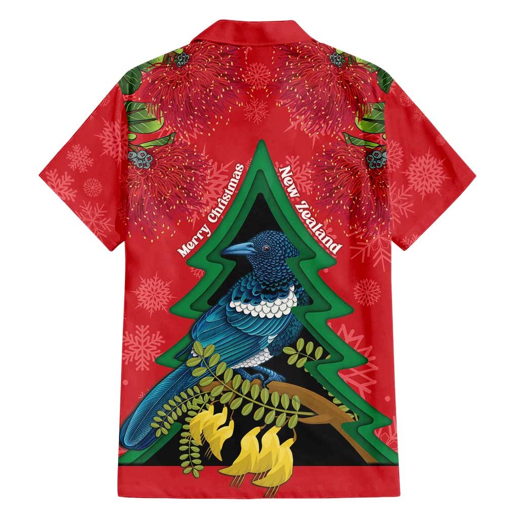 New Zealand Christmas In July Family Matching Off Shoulder Short Dress and Hawaiian Shirt Kowhai Tui Bird With Pohutukawa - Red LT14 - Polynesian Pride