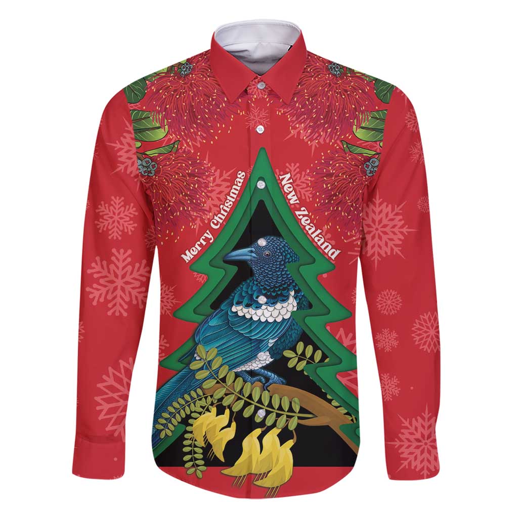 New Zealand Christmas In July Family Matching Off Shoulder Short Dress and Hawaiian Shirt Kowhai Tui Bird With Pohutukawa - Red LT14 Dad's Shirt - Long Sleeve Red - Polynesian Pride