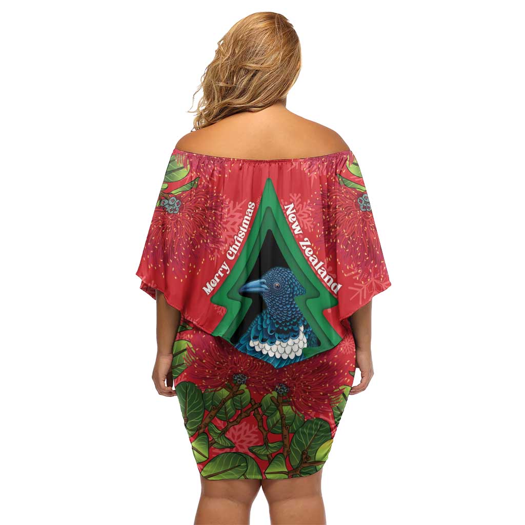 New Zealand Christmas In July Family Matching Off Shoulder Short Dress and Hawaiian Shirt Kowhai Tui Bird With Pohutukawa - Red LT14 - Polynesian Pride