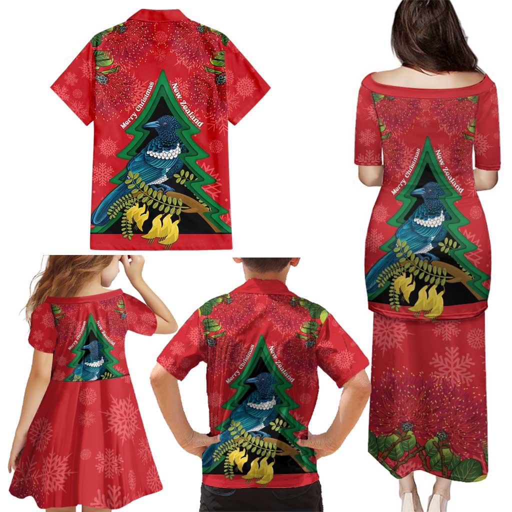 New Zealand Christmas In July Family Matching Puletasi and Hawaiian Shirt Kowhai Tui Bird With Pohutukawa - Red LT14 - Polynesian Pride