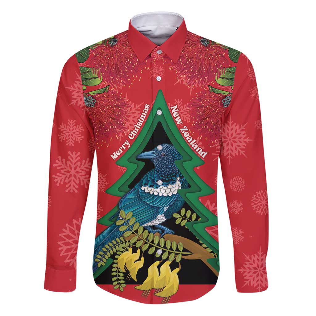 New Zealand Christmas In July Family Matching Puletasi and Hawaiian Shirt Kowhai Tui Bird With Pohutukawa - Red LT14 Dad's Shirt - Long Sleeve Red - Polynesian Pride