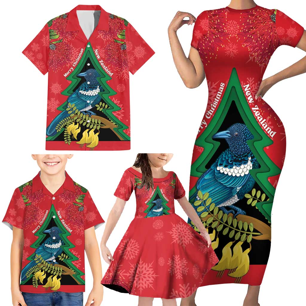 New Zealand Christmas In July Family Matching Short Sleeve Bodycon Dress and Hawaiian Shirt Kowhai Tui Bird With Pohutukawa - Red LT14 - Polynesian Pride