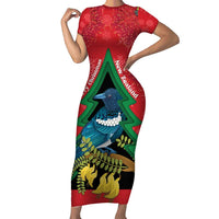 New Zealand Christmas In July Family Matching Short Sleeve Bodycon Dress and Hawaiian Shirt Kowhai Tui Bird With Pohutukawa - Red LT14 Mom's Dress Red - Polynesian Pride
