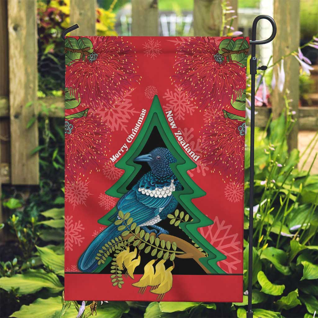 New Zealand Christmas In July Garden Flag Kowhai Tui Bird With Pohutukawa - Red LT14 Garden Flag Red - Polynesian Pride