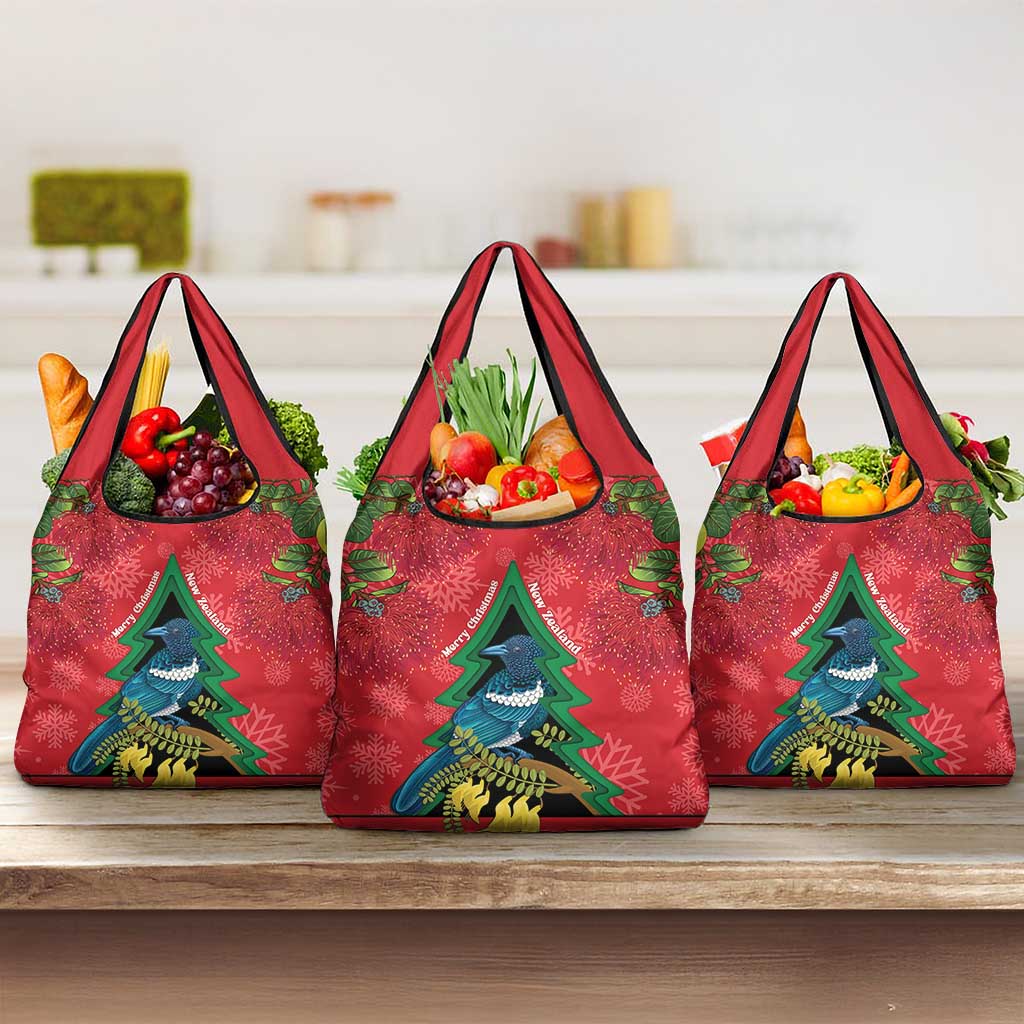 New Zealand Christmas In July Grocery Bag Kowhai Tui Bird With Pohutukawa - Red LT14 3-pack One Size Red - Polynesian Pride