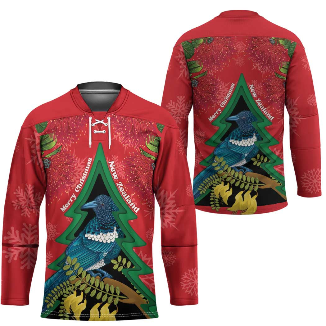 New Zealand Christmas In July Hockey Jersey Kowhai Tui Bird With Pohutukawa - Red LT14 - Polynesian Pride