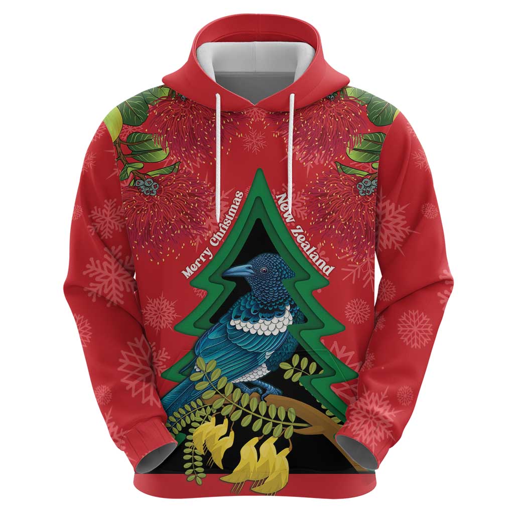 New Zealand Christmas In July Hoodie Kowhai Tui Bird With Pohutukawa - Red LT14 - Polynesian Pride