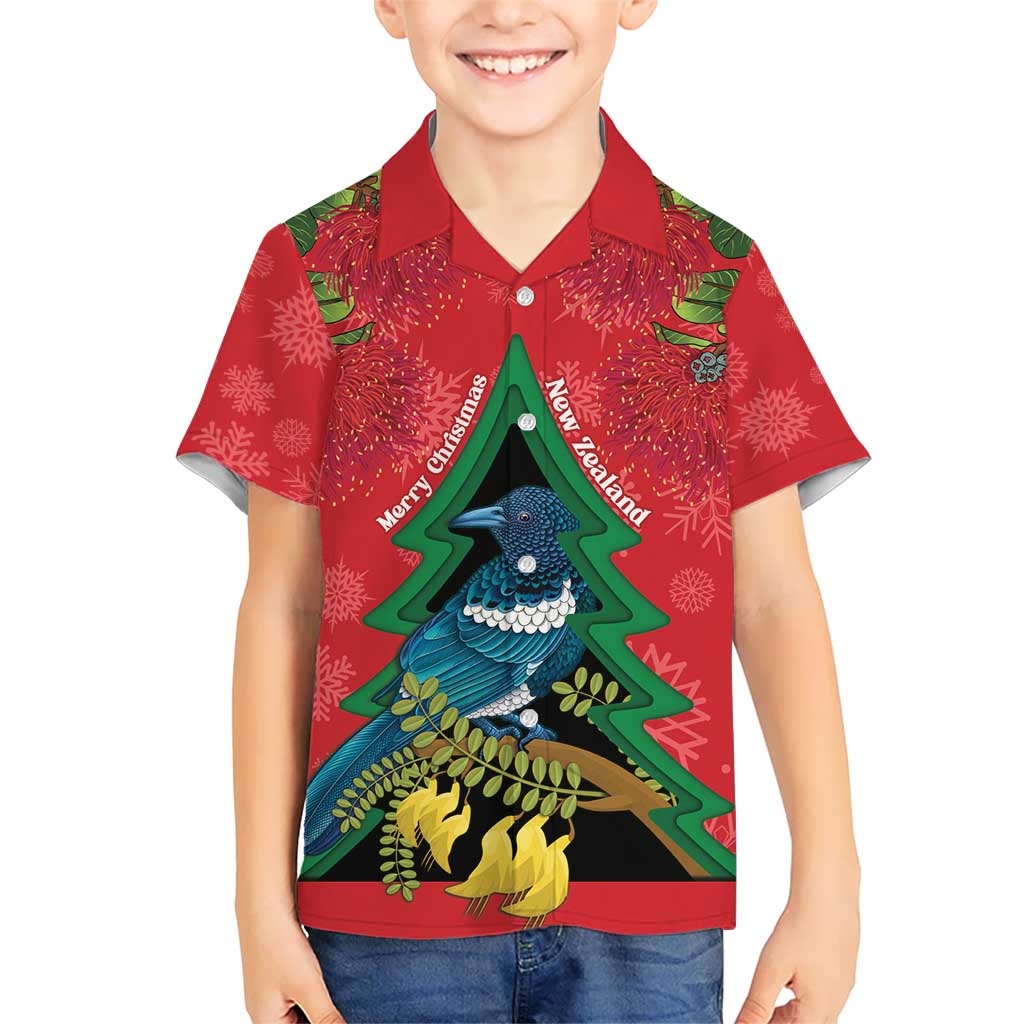 New Zealand Christmas In July Kid Hawaiian Shirt Kowhai Tui Bird With Pohutukawa - Red LT14 Kid Red - Polynesian Pride