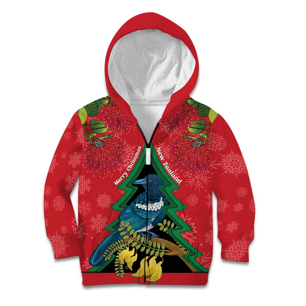 New Zealand Christmas In July Kid Hoodie Kowhai Tui Bird With Pohutukawa - Red LT14 Zip Hoodie Red - Polynesian Pride