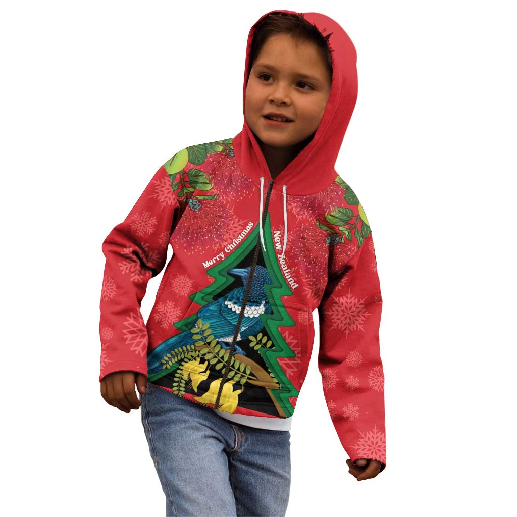 New Zealand Christmas In July Kid Hoodie Kowhai Tui Bird With Pohutukawa - Red LT14 - Polynesian Pride
