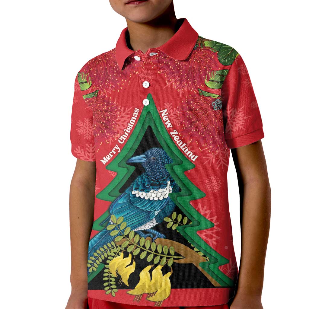 New Zealand Christmas In July Kid Polo Shirt Kowhai Tui Bird With Pohutukawa - Red LT14 Kid Red - Polynesian Pride