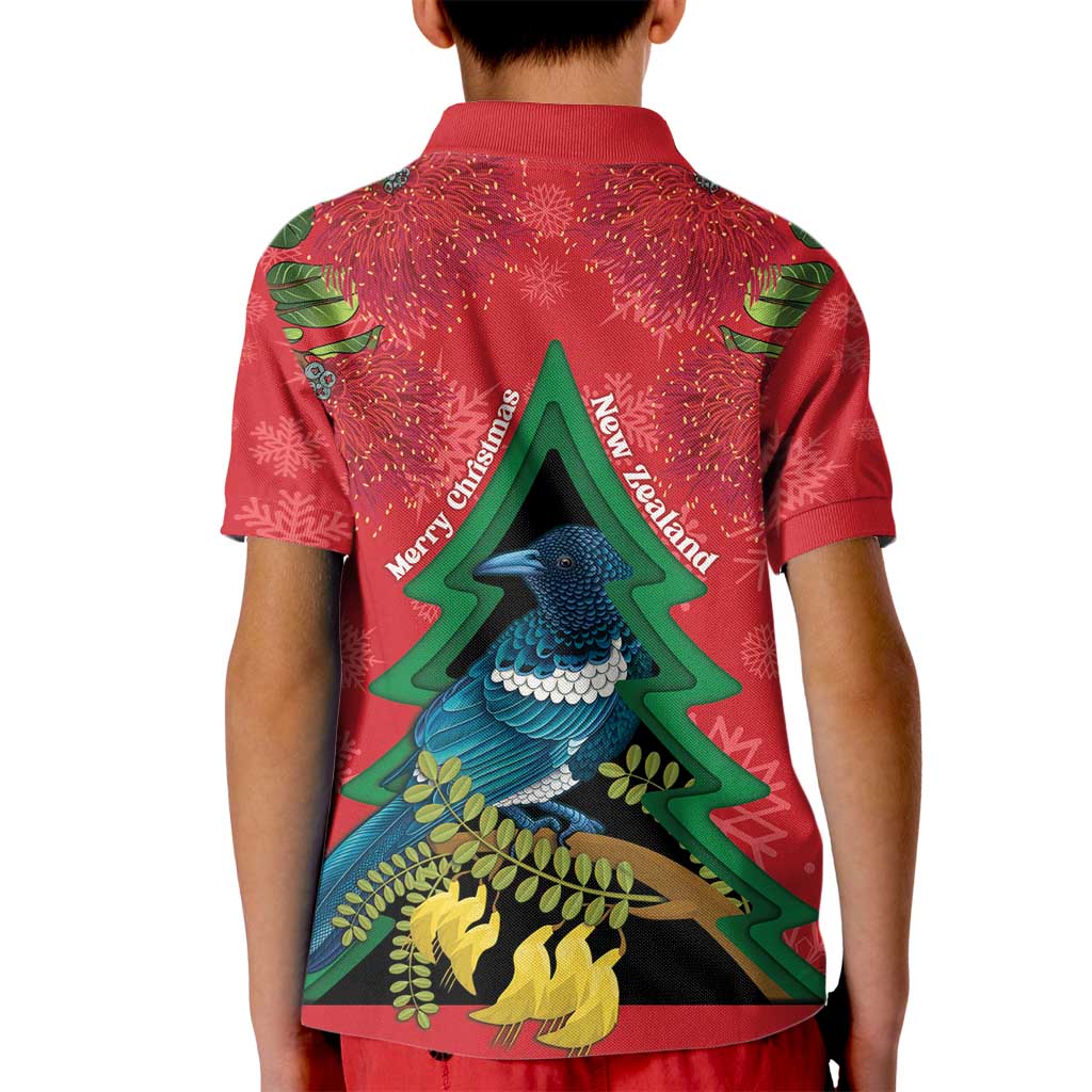 New Zealand Christmas In July Kid Polo Shirt Kowhai Tui Bird With Pohutukawa - Red LT14 - Polynesian Pride