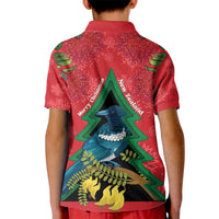 New Zealand Christmas In July Kid Polo Shirt Kowhai Tui Bird With Pohutukawa - Red LT14 - Polynesian Pride