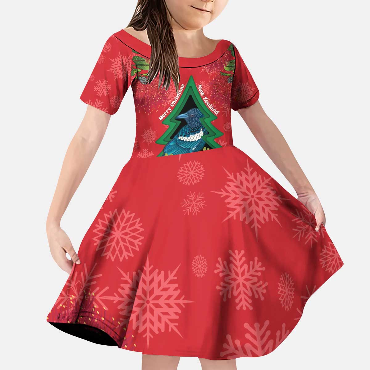 New Zealand Christmas In July Kid Short Sleeve Dress Kowhai Tui Bird With Pohutukawa - Red LT14 KID Red - Polynesian Pride