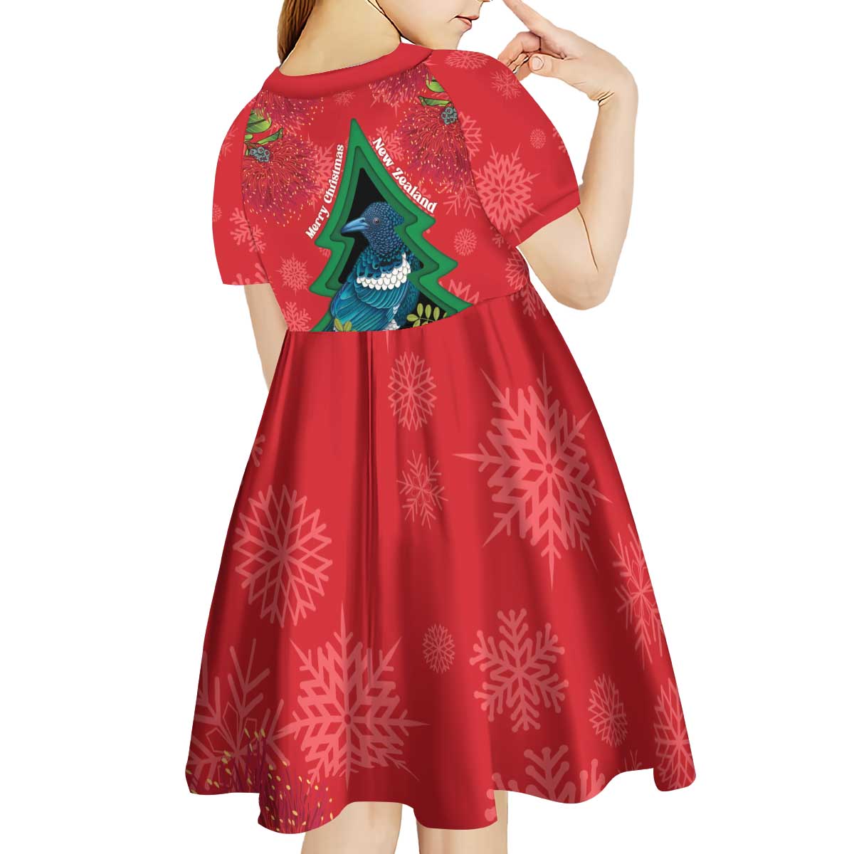 New Zealand Christmas In July Kid Short Sleeve Dress Kowhai Tui Bird With Pohutukawa - Red LT14 - Polynesian Pride
