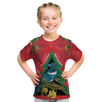 New Zealand Christmas In July Kid T Shirt Kowhai Tui Bird With Pohutukawa - Red LT14 Red - Polynesian Pride