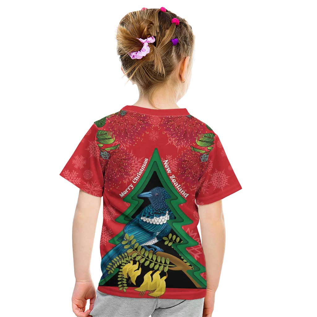 New Zealand Christmas In July Kid T Shirt Kowhai Tui Bird With Pohutukawa - Red LT14 - Polynesian Pride