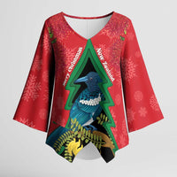 New Zealand Christmas In July Kimono Sleeve Blouse Kowhai Tui Bird With Pohutukawa - Red LT14 Female Red - Polynesian Pride