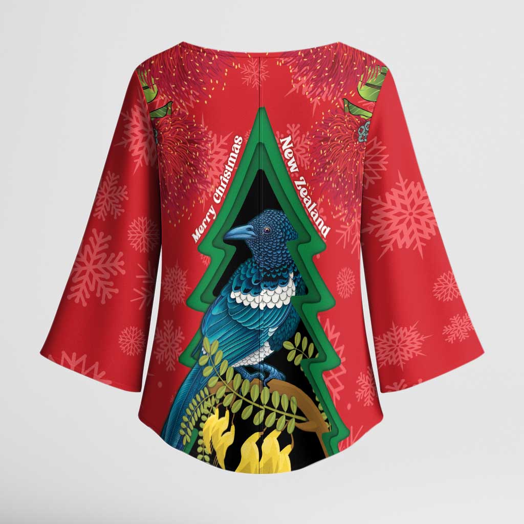 New Zealand Christmas In July Kimono Sleeve Blouse Kowhai Tui Bird With Pohutukawa - Red LT14 - Polynesian Pride