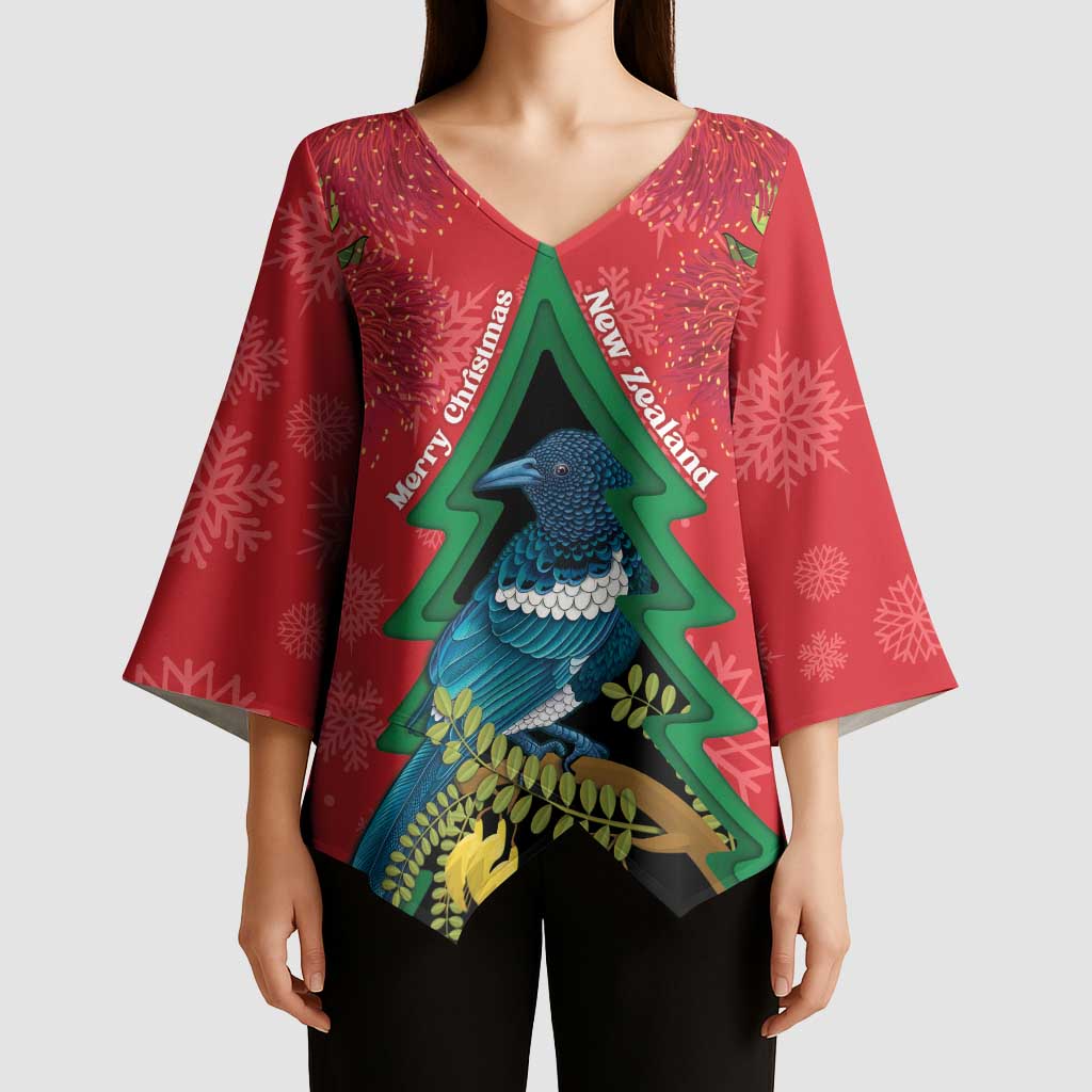 New Zealand Christmas In July Kimono Sleeve Blouse Kowhai Tui Bird With Pohutukawa - Red LT14 - Polynesian Pride