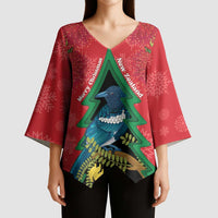 New Zealand Christmas In July Kimono Sleeve Blouse Kowhai Tui Bird With Pohutukawa - Red LT14 - Polynesian Pride