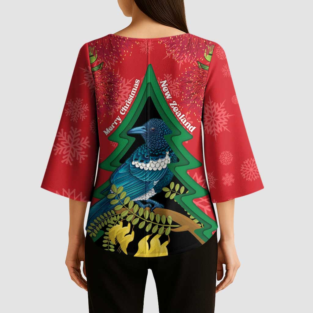 New Zealand Christmas In July Kimono Sleeve Blouse Kowhai Tui Bird With Pohutukawa - Red LT14 - Polynesian Pride