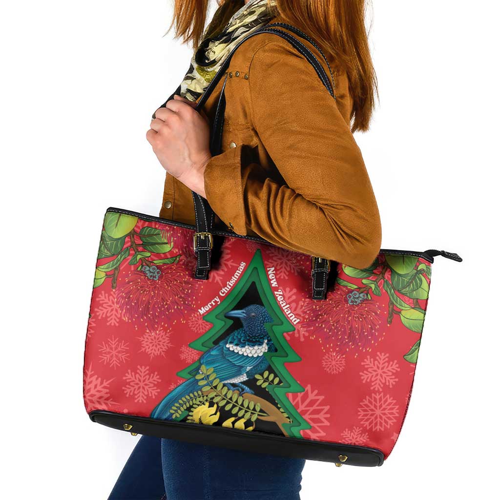 New Zealand Christmas In July Leather Tote Bag Kowhai Tui Bird With Pohutukawa - Red LT14 Red - Polynesian Pride