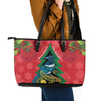 New Zealand Christmas In July Leather Tote Bag Kowhai Tui Bird With Pohutukawa - Red LT14 - Polynesian Pride