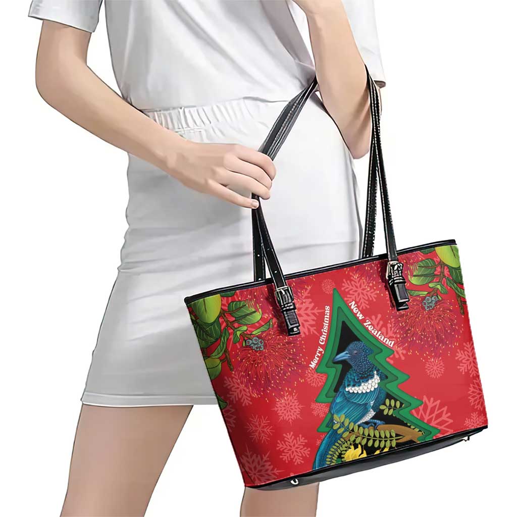 New Zealand Christmas In July Leather Tote Bag Kowhai Tui Bird With Pohutukawa - Red LT14 - Polynesian Pride