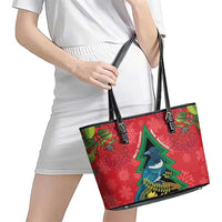 New Zealand Christmas In July Leather Tote Bag Kowhai Tui Bird With Pohutukawa - Red LT14 - Polynesian Pride