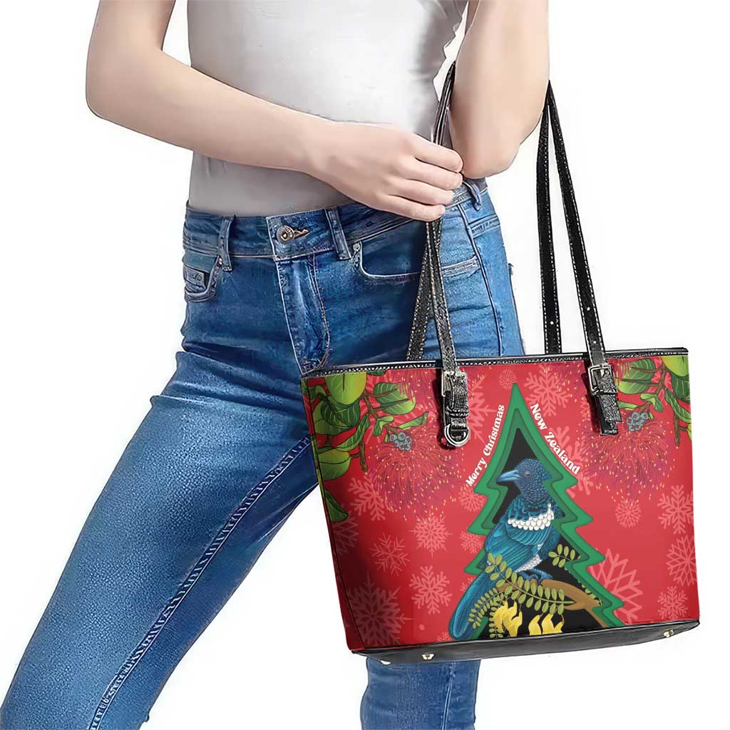 New Zealand Christmas In July Leather Tote Bag Kowhai Tui Bird With Pohutukawa - Red LT14 - Polynesian Pride