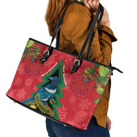 New Zealand Christmas In July Leather Tote Bag Kowhai Tui Bird With Pohutukawa - Red LT14 - Polynesian Pride