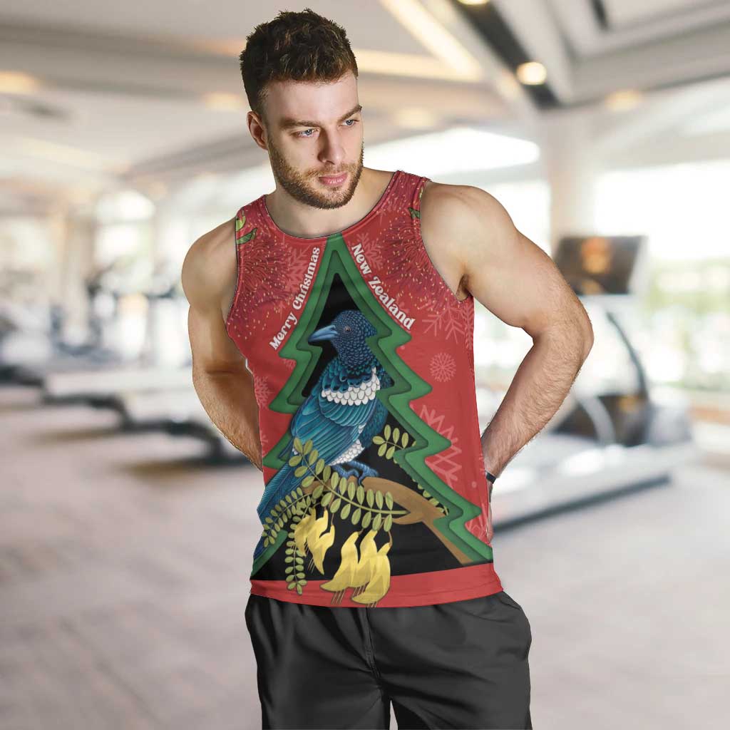 New Zealand Christmas In July Men Tank Top Kowhai Tui Bird With Pohutukawa - Red