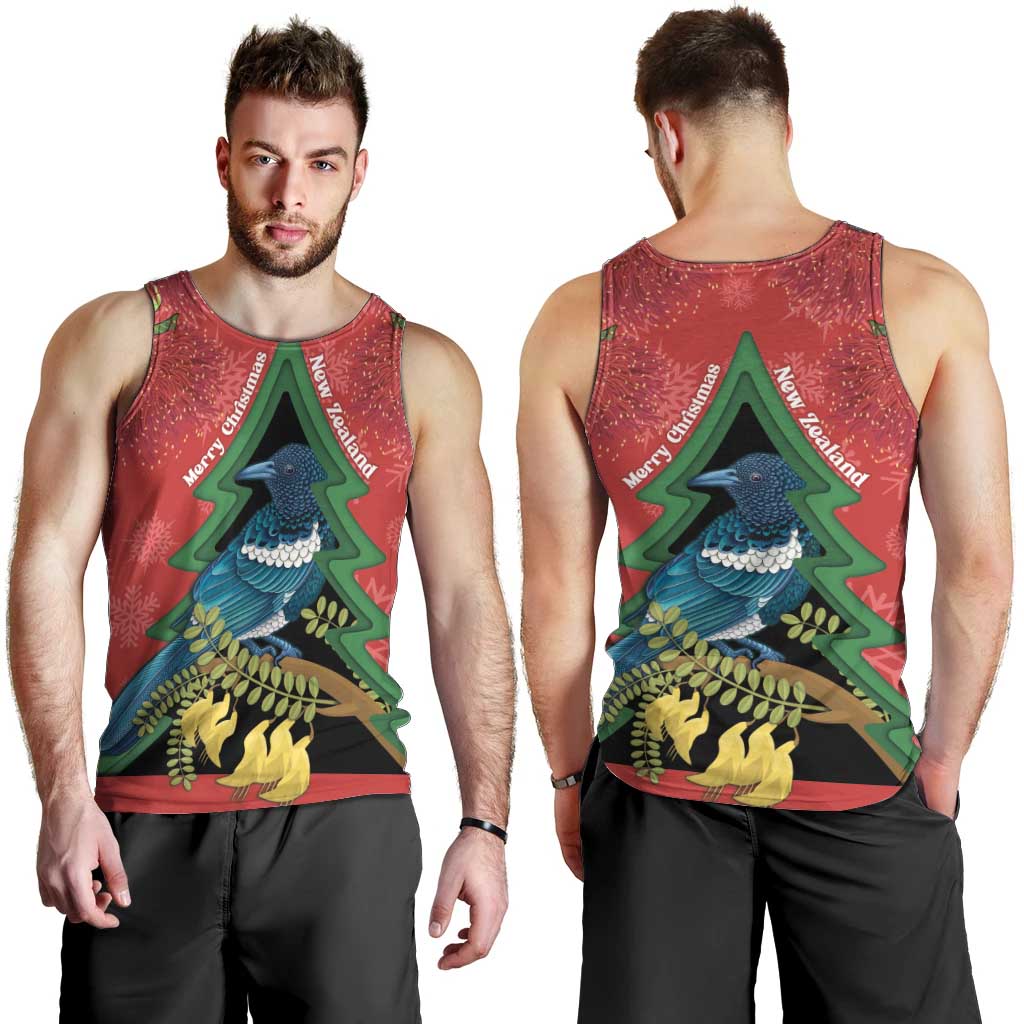 New Zealand Christmas In July Men Tank Top Kowhai Tui Bird With Pohutukawa - Red LT14 - Polynesian Pride