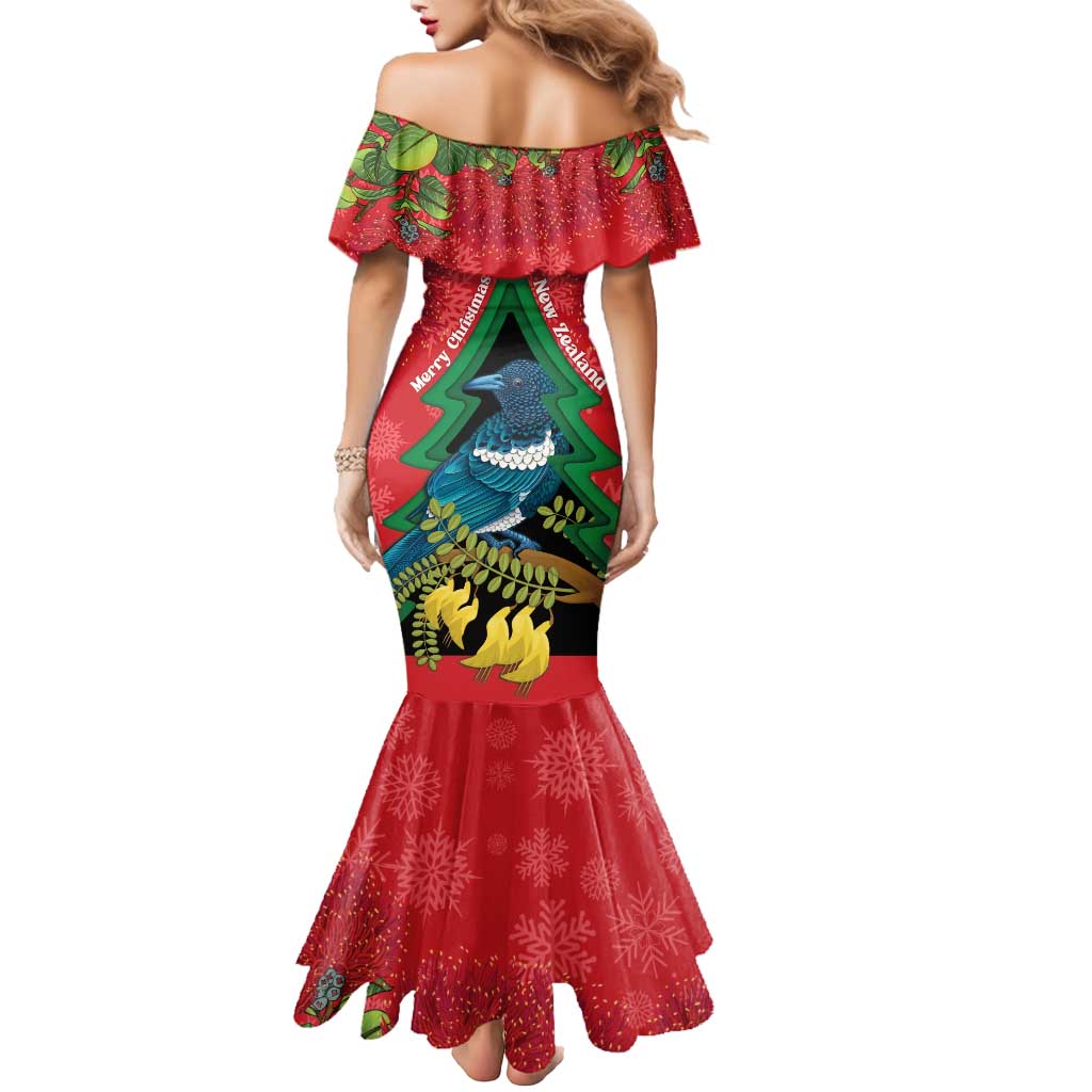 New Zealand Christmas In July Mermaid Dress Kowhai Tui Bird With Pohutukawa - Red LT14 - Polynesian Pride