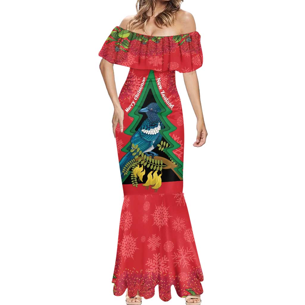 New Zealand Christmas In July Mermaid Dress Kowhai Tui Bird With Pohutukawa - Red LT14 - Polynesian Pride