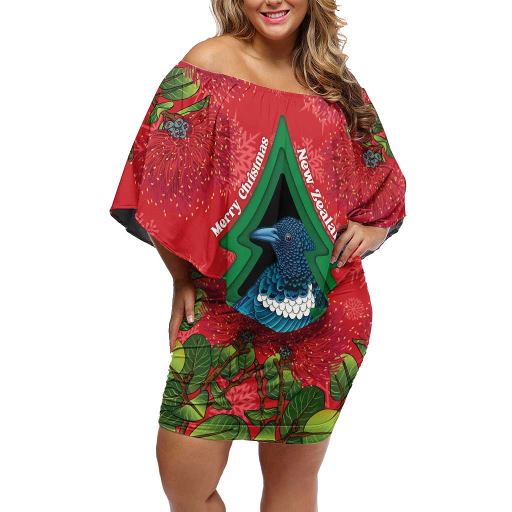 New Zealand Christmas In July Off Shoulder Short Dress Kowhai Tui Bird With Pohutukawa - Red LT14 Women Red - Polynesian Pride