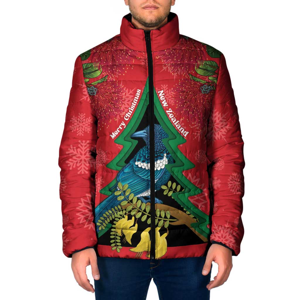 New Zealand Christmas In July Padded Jacket Kowhai Tui Bird With Pohutukawa - Red - Polynesian Pride