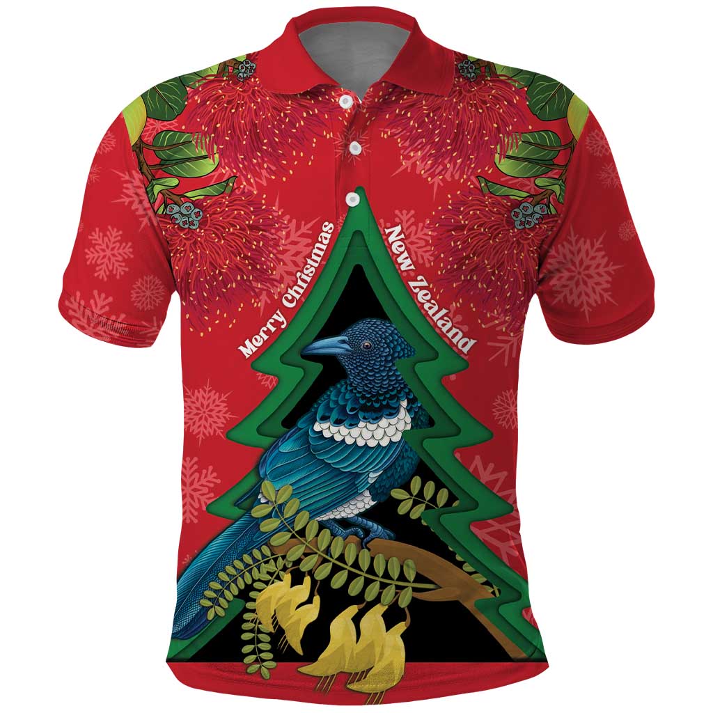 New Zealand Christmas In July Polo Shirt Kowhai Tui Bird With Pohutukawa - Red