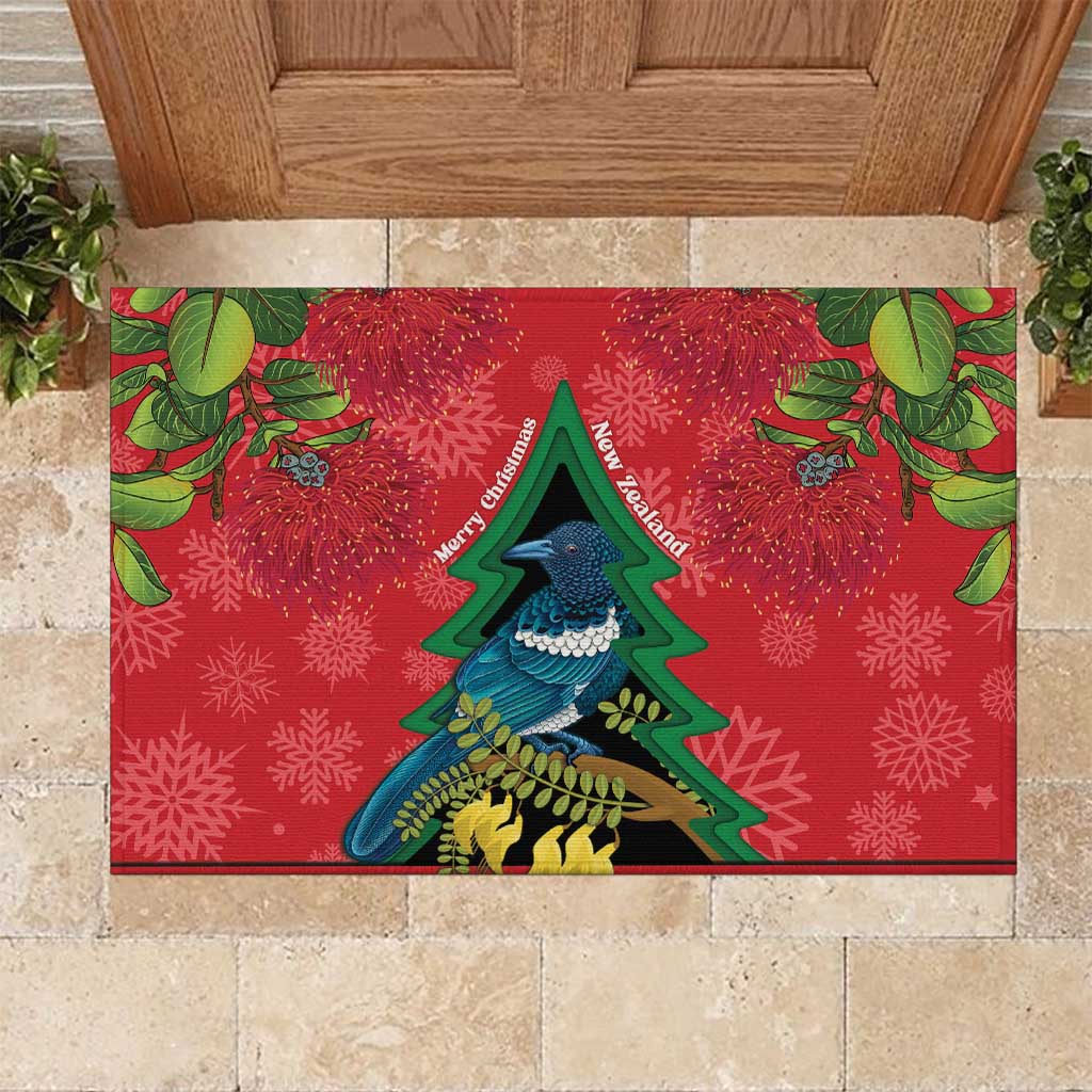 New Zealand Christmas In July Rubber Doormat Kowhai Tui Bird With Pohutukawa - Red LT14 Red - Polynesian Pride