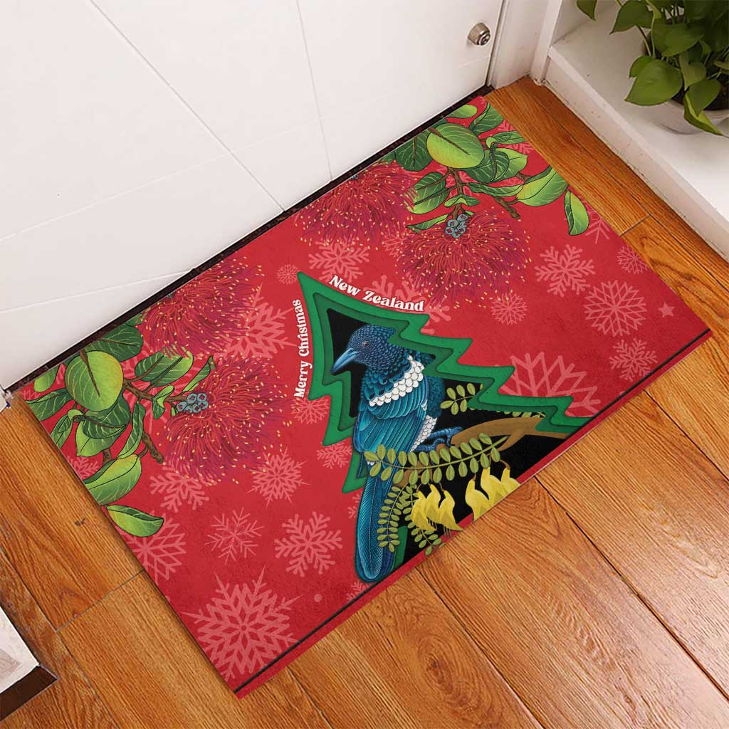 New Zealand Christmas In July Rubber Doormat Kowhai Tui Bird With Pohutukawa - Red LT14 - Polynesian Pride