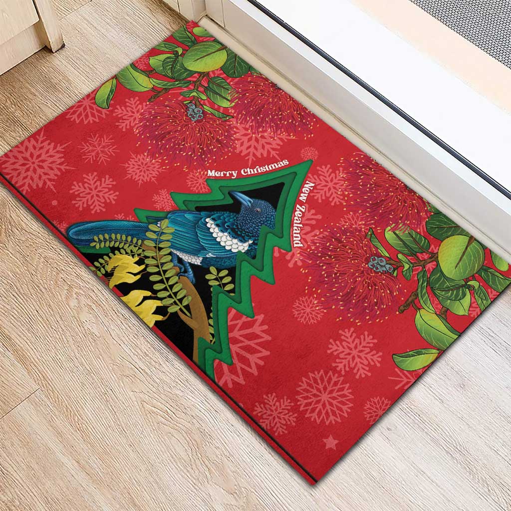 New Zealand Christmas In July Rubber Doormat Kowhai Tui Bird With Pohutukawa - Red LT14 - Polynesian Pride