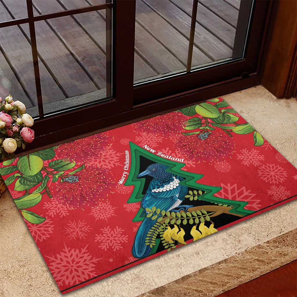 New Zealand Christmas In July Rubber Doormat Kowhai Tui Bird With Pohutukawa - Red LT14 - Polynesian Pride