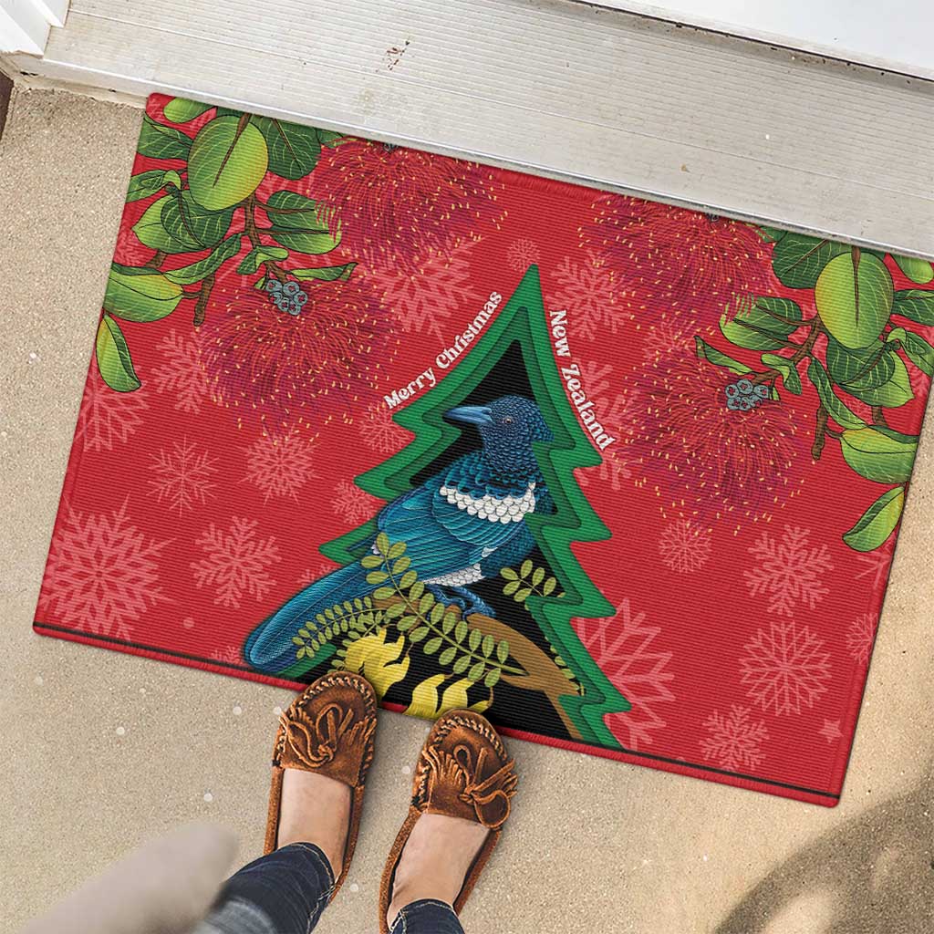 New Zealand Christmas In July Rubber Doormat Kowhai Tui Bird With Pohutukawa - Red LT14 - Polynesian Pride