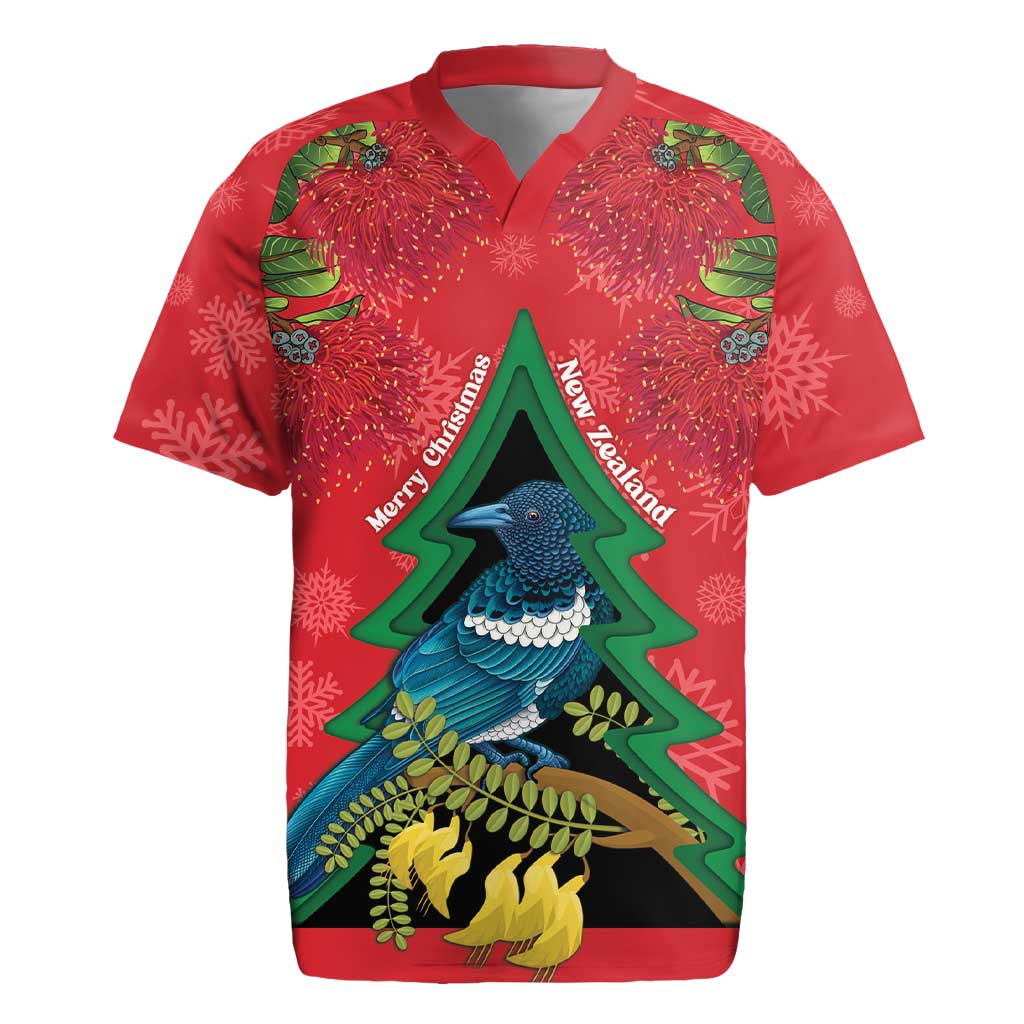 New Zealand Christmas In July Rugby Jersey Kowhai Tui Bird With Pohutukawa - Red LT14 Red - Polynesian Pride