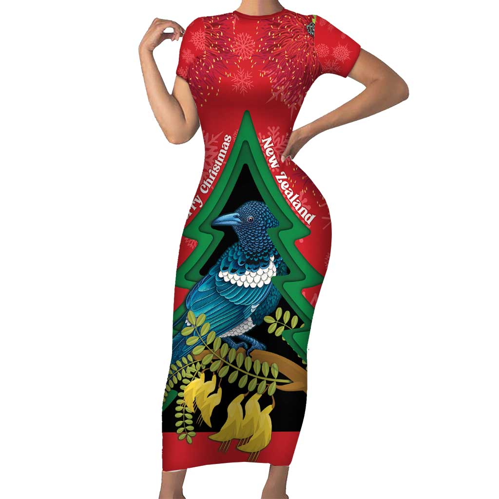 New Zealand Christmas In July Short Sleeve Bodycon Dress Kowhai Tui Bird With Pohutukawa - Red LT14 Long Dress Red - Polynesian Pride