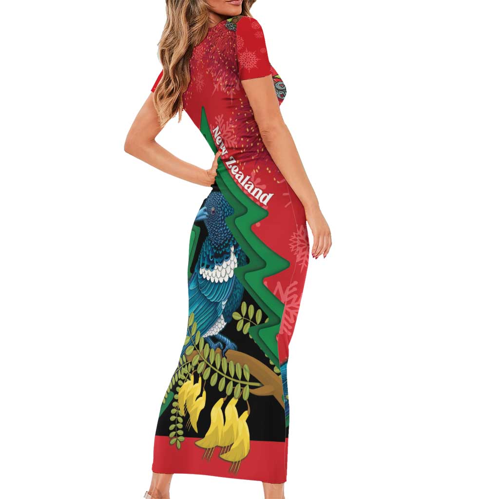 New Zealand Christmas In July Short Sleeve Bodycon Dress Kowhai Tui Bird With Pohutukawa - Red LT14 - Polynesian Pride